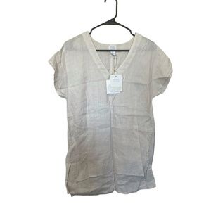 Sigrid Olsen Tan 100% Linen V-Neck Cap Sleeve High Low Blouse